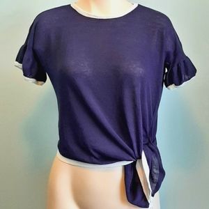 🅱️🅾️G🅾️ Asymmetrical sheer top in navy blue and white trim